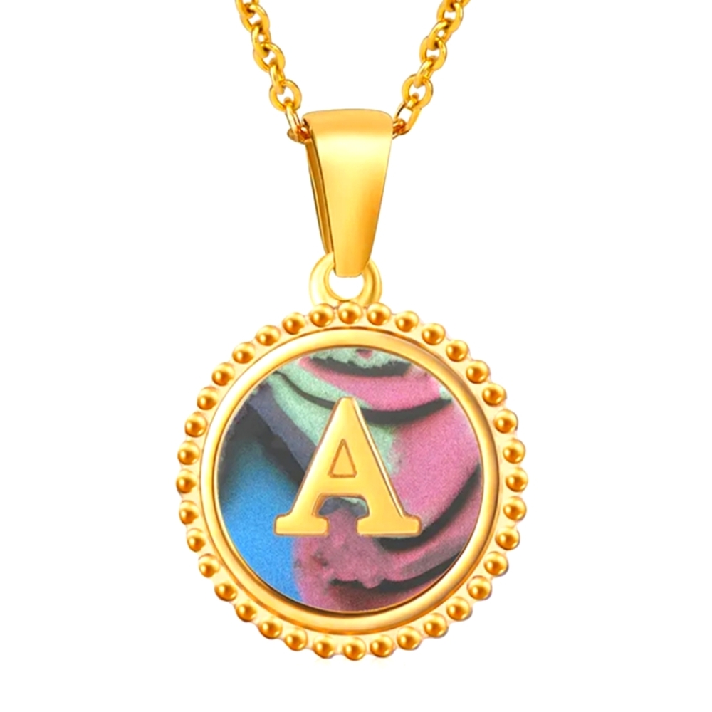 Dainty 18K GP Initial Letter Charm, A, Textured Circle Midnight Rose Pendant